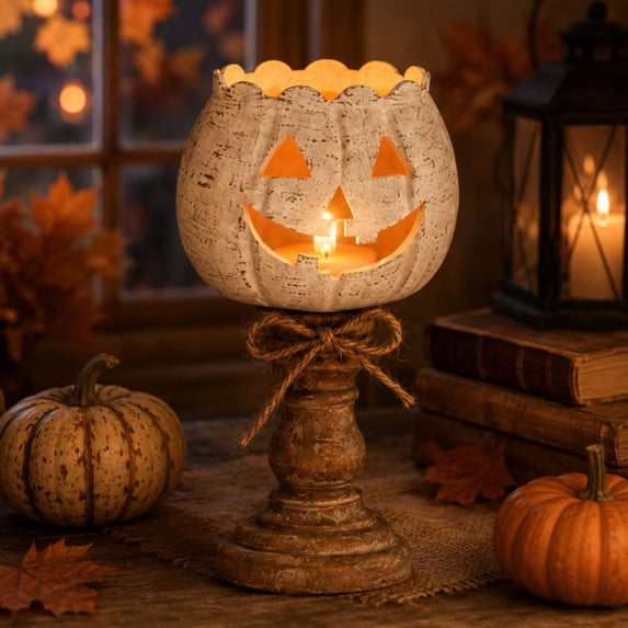 Rustic White Pumpkin Tealight Candle Holder Set of 3, Farmhouse Jack O Lantern Tea Light Holders with Wood Look Pedestal and Jute Bow