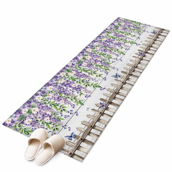 Rustic White Purple Blue Flower Non-Slip Non-Shedding Floor Mat, Pastoral Floral Leaf Butterfly Washable Sturdy Carpet for Living Room Bedroom Home Decor