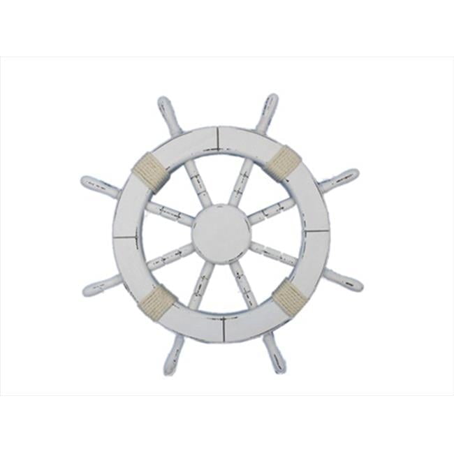 Handcrafted Rustic White Wooden Ship Wheel with Rope Accent, 18 inches