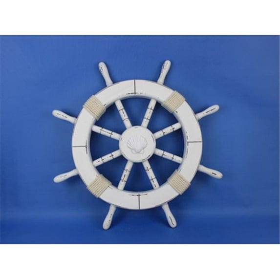 Rustic White Ship Wheel With Seashell 18 in. Decorative Accent