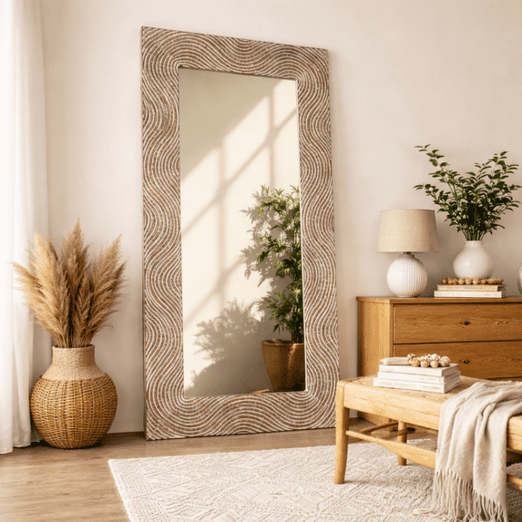 Expobazaar Mirror Accent | Rustic White Solid Wood Handcarved Rectangle Mirror | 36" x 72"