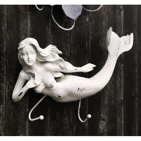 Rustic White Stone Finish Nautical Ocean Siren Mermaid 2 Prong Wall Hook Decor