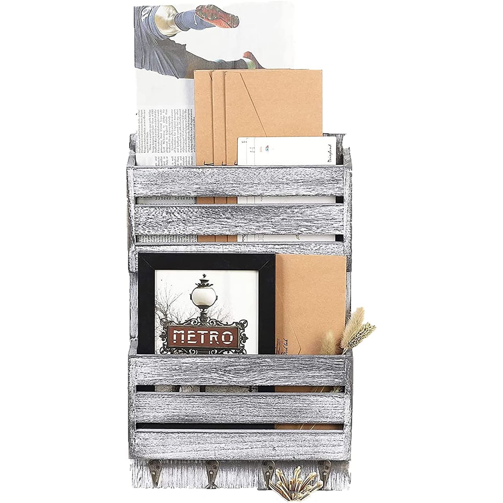 Rustic White Wall Mounted Entryway Letter Mail Sorter Organizer