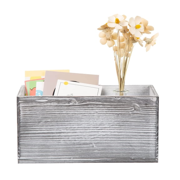 Rustic White Washed Wood Mail Box Storage Holder File Organizer Tabletop Wooden Basket Letter Script Design Envelope Folder Decorative Container Desk Home Office Entryway Bedroom Living Room