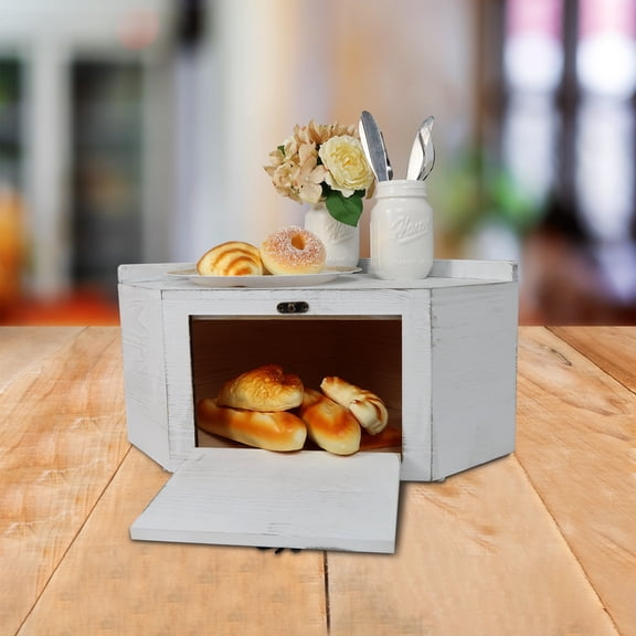 Rustic White Wood Corner Bread Boxes, Bread Storage Keeper Includes 2x16oz Ceramic Mason Jars with Flowers