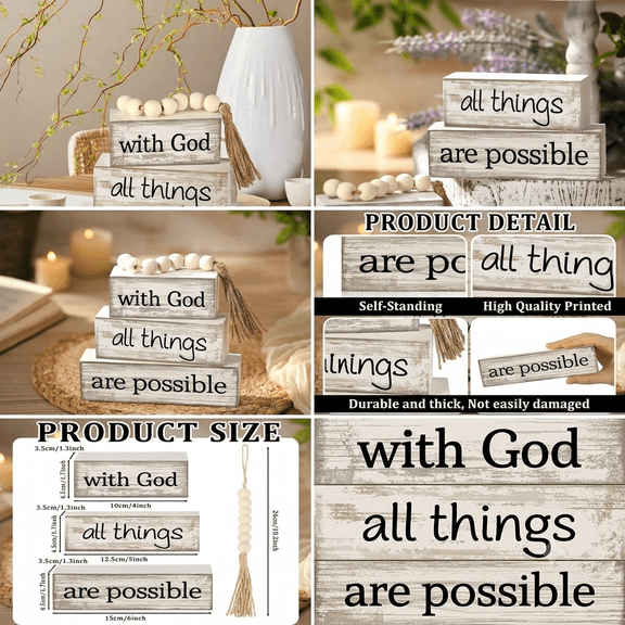 Rustic White Wooden Sign with Tassel Beads - Inspirational "With God All Things Are Possible" Tabletop Decor for Home Office