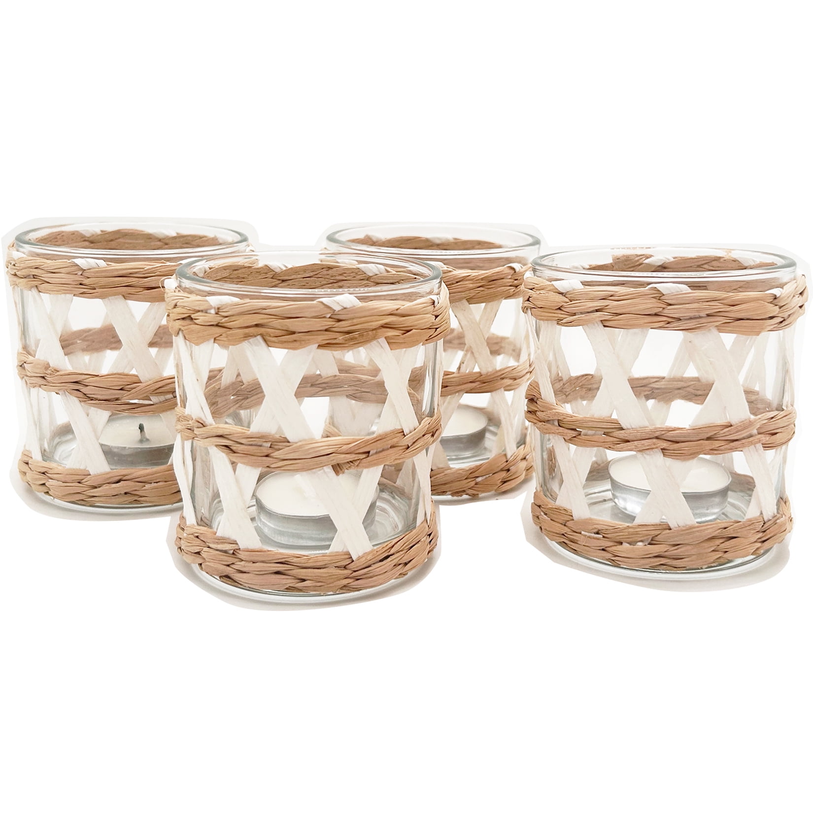 Natural Rattan Woven Tea Light Candle Holders (Set Of 2) | Handmade Seagrass Votive Holders With Glass Cups, 3" Diameter - View #3