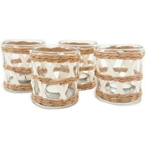 Rustic White Woven Rattan Tealight Candle Holders Set of 4- Farmhouse Coastal Tropical Glass Tea Light Holder Hurricane, Natural Seagrass Hand Woven Votive Candle Holder