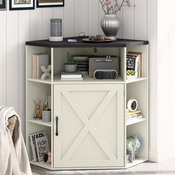 Rustic White and Black Corner Cabinet with USB Ports and Power Outlets, 6-Cubby Bookshelf for Study, Playroom, and Living Room