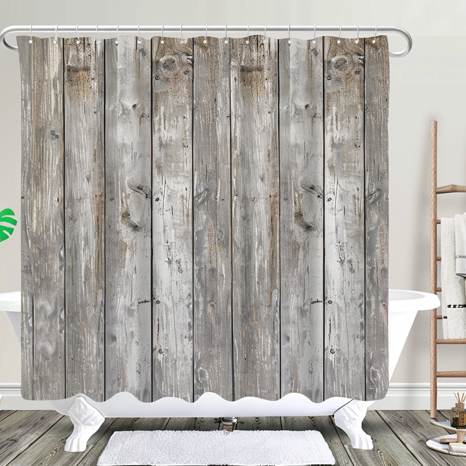 Rustic White and Grey Wooden Bathroom Decor Set with Boho Style Shower