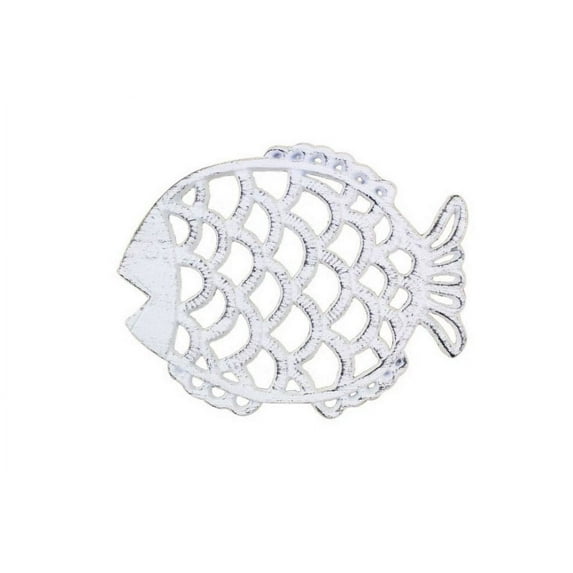 Rustic Whitewashed Cast Iron Big Fish Trivet 8" - Sea Life Decor - Beach Decor