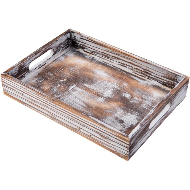 Rustic Whitewashed Wood Food Serving Tray Cutout Carrying Handles