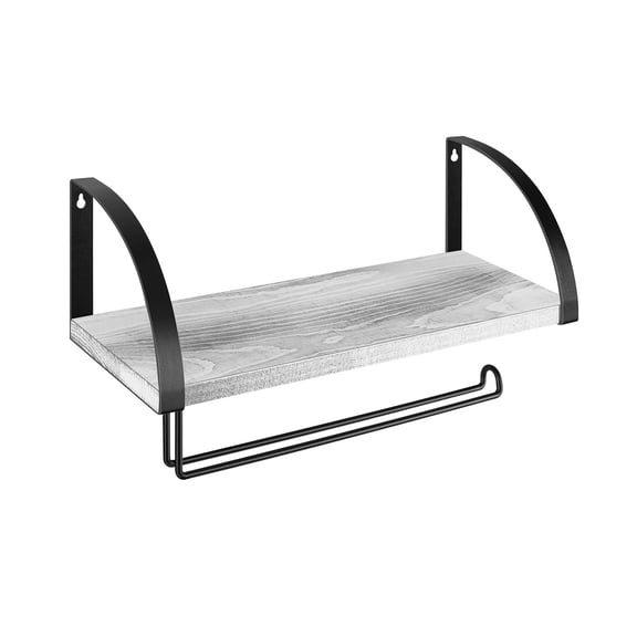 Rustic Whitewashed Wood Kitchen Wall Shelf with Paper Towel Holder, Industrial Floating Organizer