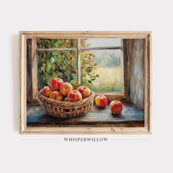 Rustic Wicker Basket With Apples,, Sunny Countryside Wall Art, Cozy Kitchen Or Sunroom Home Decor Home Decor, 24x36 UNFRAMED