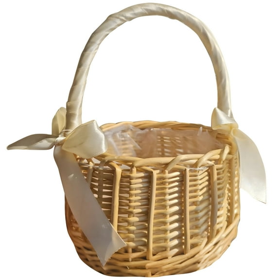 Rustic Wicker Flower Basket, Woven Basket with Ribbon-Wrapped Handle, Elegant Princess Basket, Rattan Basket for Weddings, Home Decor, Shower Party, Picnic, 9.5 x 8 in