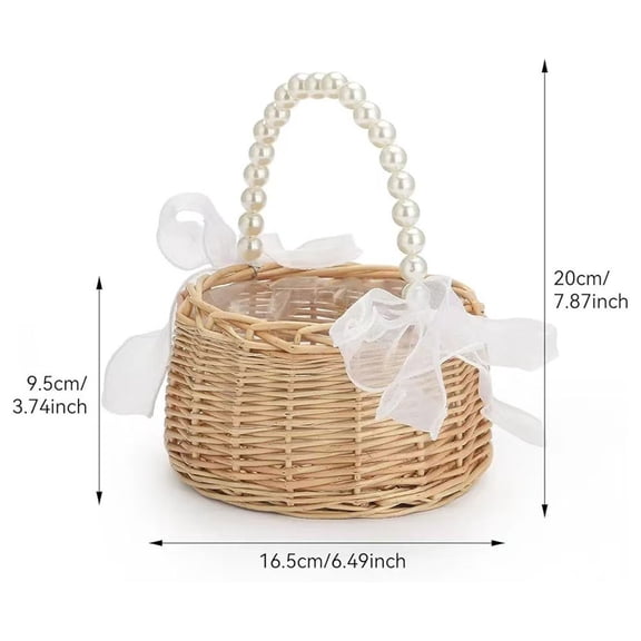 Rustic Wicker Tote Basket With Pearl Handles And Bow, For Picnics/Weddings