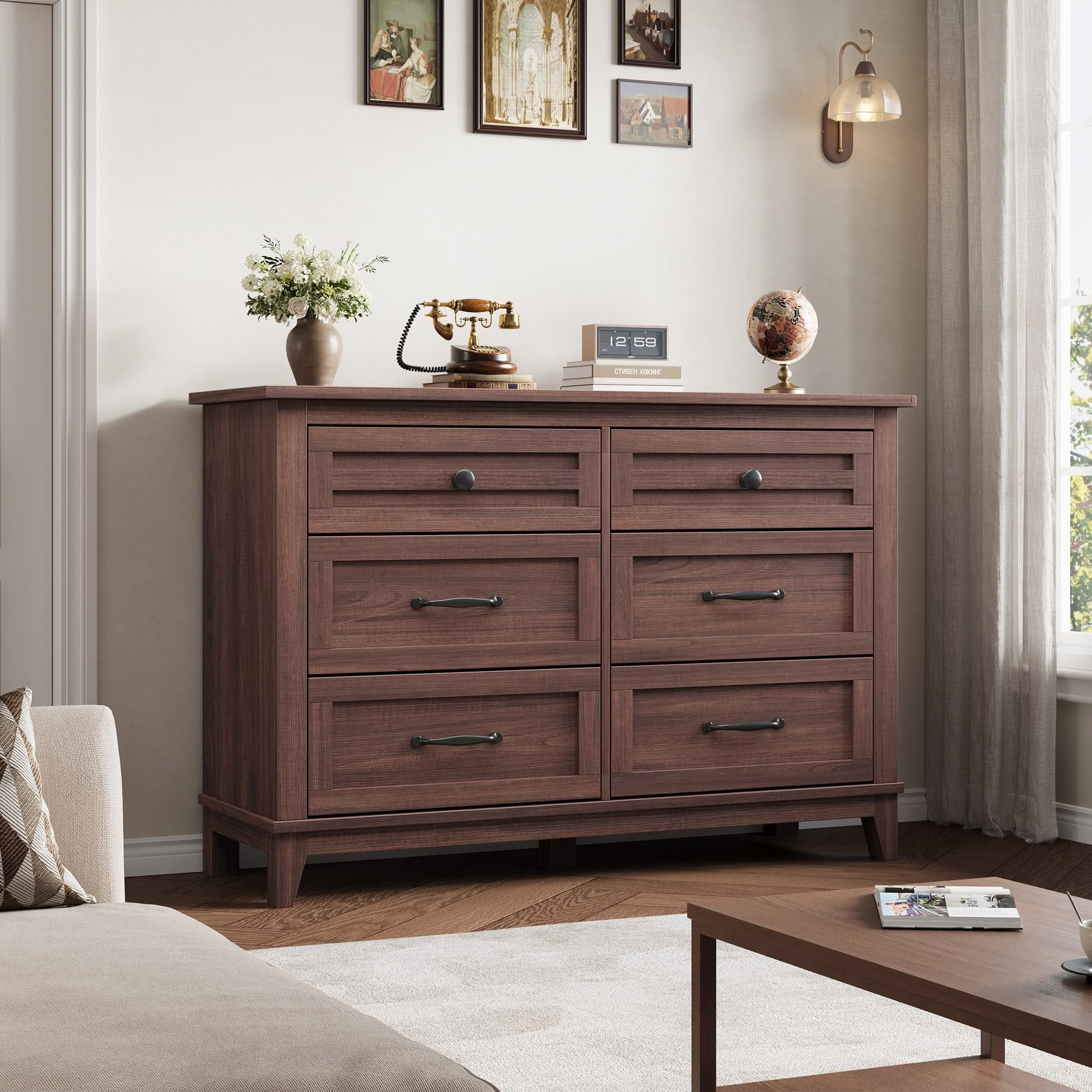 Rustic Wide 6 Drawer Dresser for Bedroom - Farmhouse Wooden Chest of ...