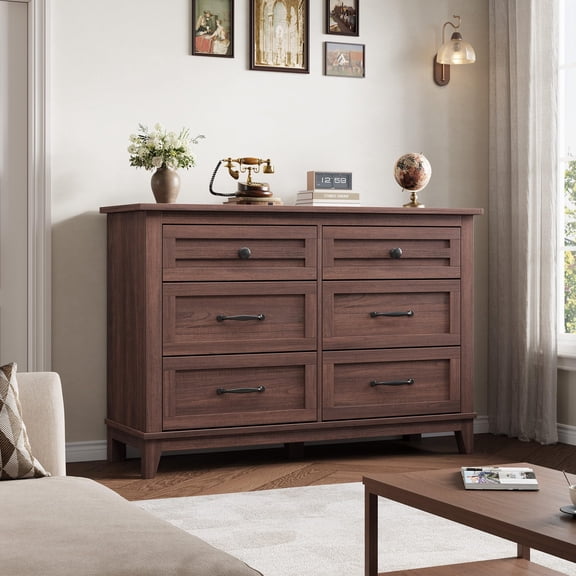 Rustic Wide 6 Drawer Dresser for Bedroom - Farmhouse Wooden Chest of Drawers - Freestanding Storage Cabinet for Closet, Nursery, or Living Room - Bedroom Furniture Set - Color: Brown