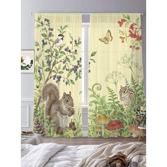 Rustic Wild Squirrel Berry Ferns Chiffon Sheer Curtains 84 Inches Long Wildlife on Pale Yellow Rod Pocket Window Curtains Voile Drapes Curtains for Living Room Bedroom,2 Panels