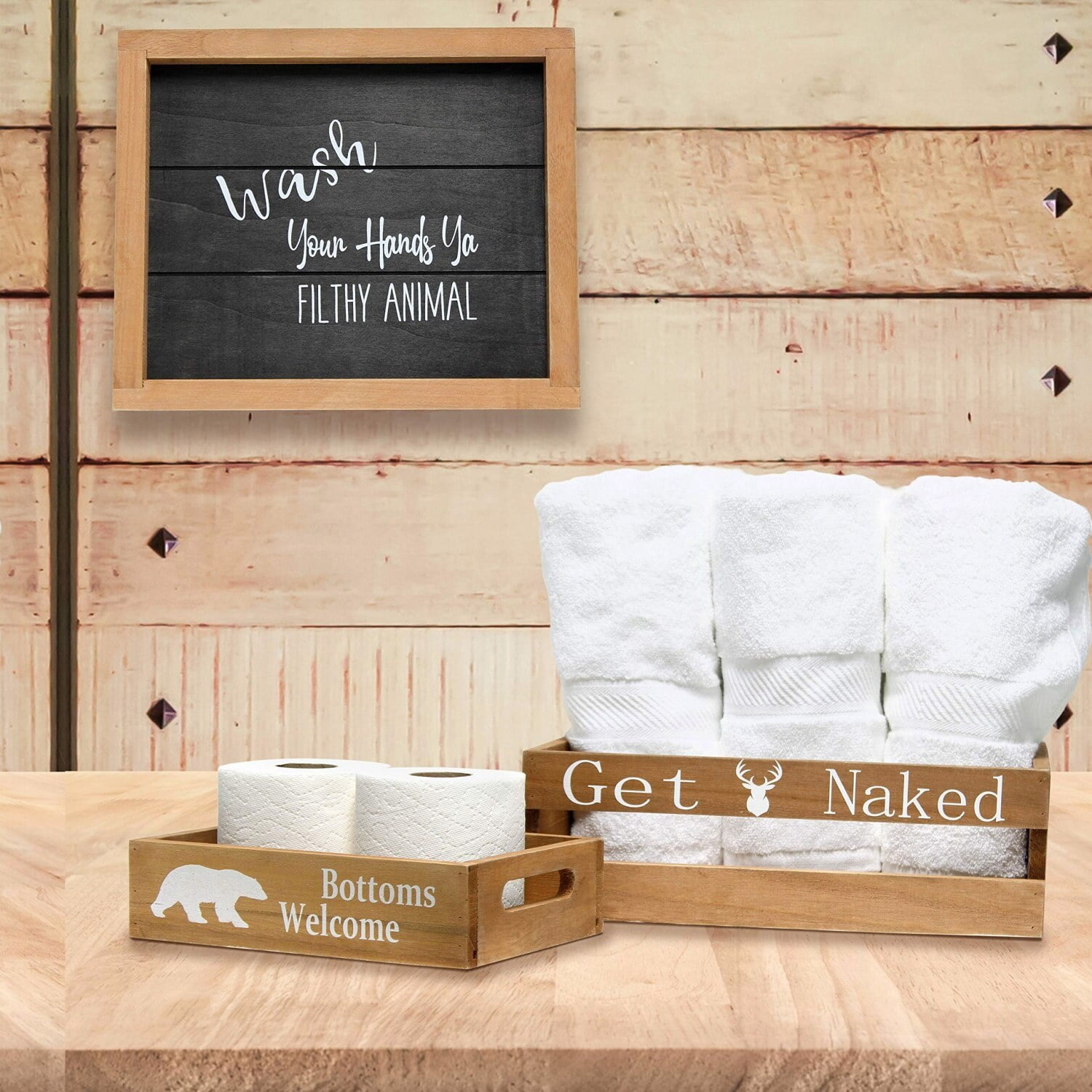 Rustic Wilderness Bathroom Set Natural White Wood, Black Bear & Deer