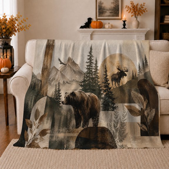 Rustic Wilderness Bear Moose Collage, Peaceful Mountain Lake Scene, Warm Flannel Blanket for Cabin and Lodge with Detailed Artwork, Outdoor Lovers Camping Gift, Rustic Home Decor
