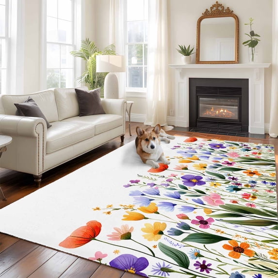 Rustic Wildflower Area Rugs 5x7 ft Floral Watercolor Spring Flower Leaves Washable Rug Non Slip Indoor Carpet Absorbent Floor Mat for Living Room Bedroom Dining Room
