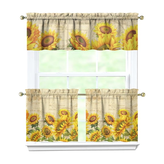 Rustic Wildflower Curtains 24 Inch Short - 3 Panel Farmhouse Bohemian Set with Vintage Floral Design, Rod Pocket Kitchen