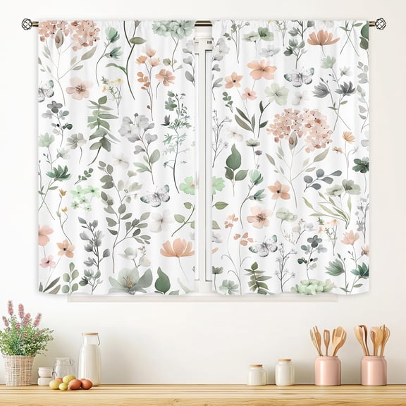Rustic Wildflower Curtains 27.5Wx39H Inch Rod Pocket Sage Green Flower Floral Spring Plants Leaves Botanical Butterfly Art Printed Girly Living Room Bedroom Window Drapes Treatment 2 Panels