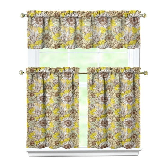 Rustic Wildflower Curtains 36 Inch - 3 Panel Farmhouse Bohemian Set with Vintage Floral Design, Rod Pocket Kitchen Window Drapes for Cottage Decor