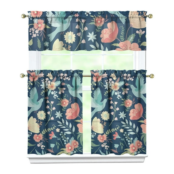 Rustic Wildflower Curtains 36 Inch - 3 Panel Farmhouse Bohemian Set with Vintage Floral Design, Rod Pocket