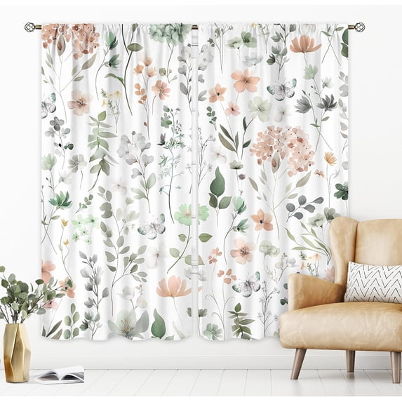 Rustic Wildflower Curtains 42Wx63H Inch Rod Pocket Cute Sage Green Flower Floral Spring Butterfly Plants Leaves Botanical Art Printed Girly Living Room Bedroom Window Drapes Treatment 2 Panels