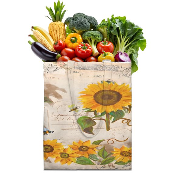 Rustic Wildflower Sunflower Pattern Reusable Grocery Bag - Foldable & Machine Washable Tote