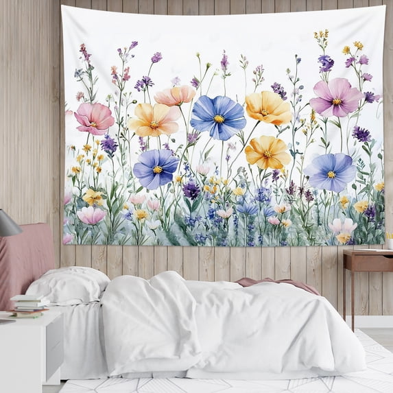 Rustic Wildflower Tapestry Wall Hanging Blue Yellow Purple Floral with Green Leaf Wall Tapestry for Bedroom Aesthetic Flower Plant Tapestry for Living Room College Dorm Decor,60x40 inch