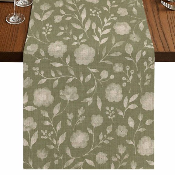 Rustic Wildflowers Burlap Cotton Table Runner 13x72 Inches Long, Spring Floral Botanical Retro Sage Green Farmhouse Table Runners, Outdoor Dining Table Decor for Baby Shower/Party/Wedding