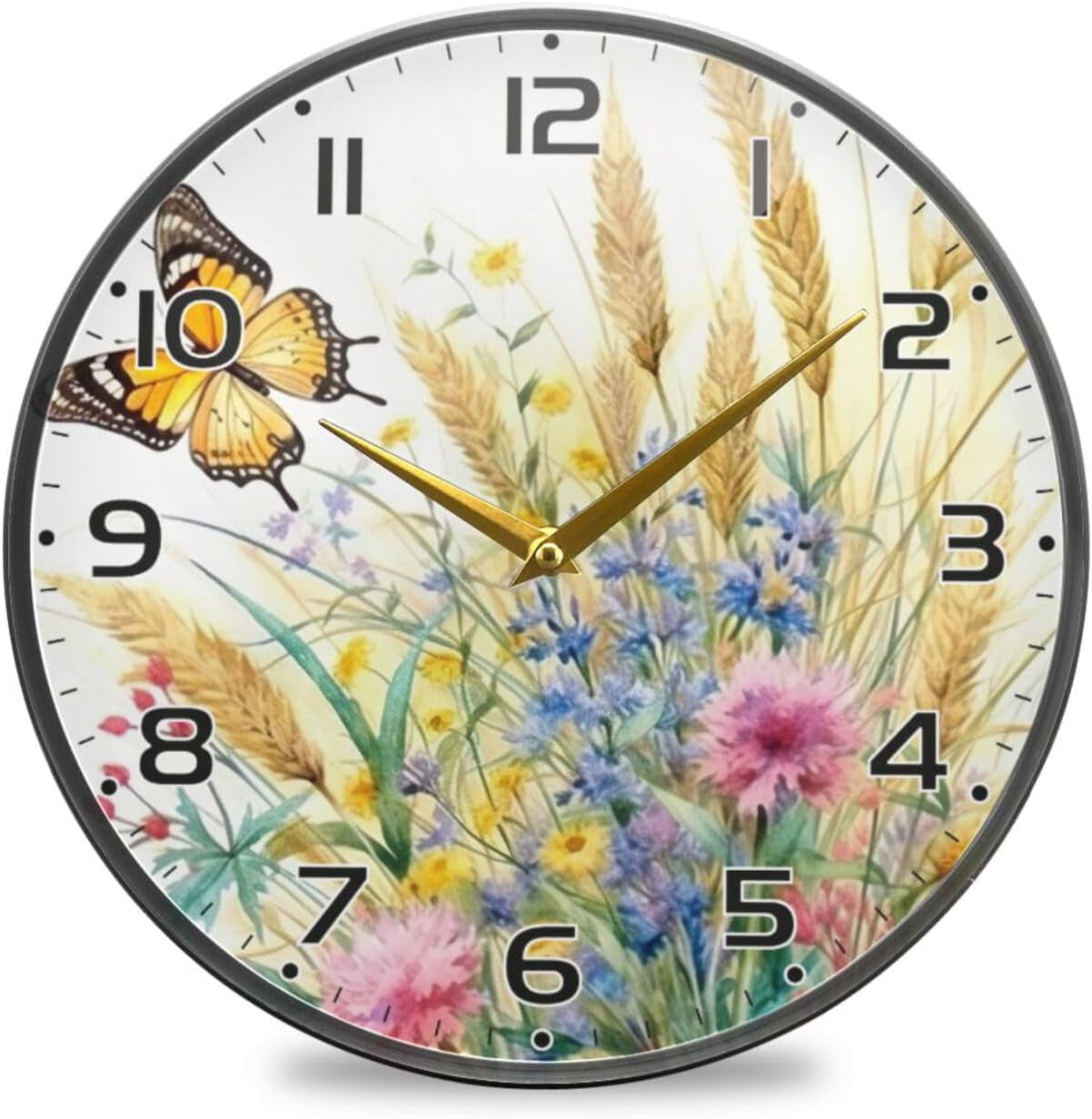 Rustic Wildflowers Butterfly Wall Clock Round Silent Non Ticking ...