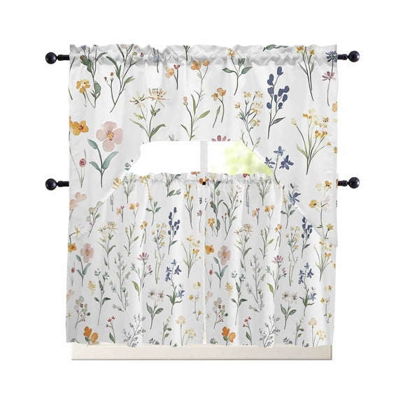 Rustic Wildflowers Kitchen Curtains Set for Windows 3 Piece Cafe Curtains 24 Inch Length Swag Curtains Valances and Tier Set Spring Pastoral Botanical Floral Drapes for Bedroom Bathroom Living Room