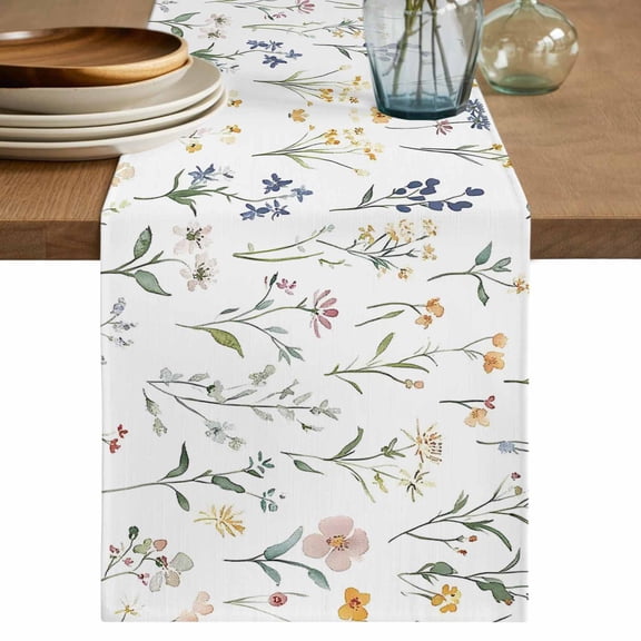 Rustic Wildflowers Table Runner, Spring Pastoral Botanical Floral Washable Cotton Linen Table Runners 36 Inches Long, Dresser Scarf Runner for Nightstand/End Tables/Round Tables 13''x36''