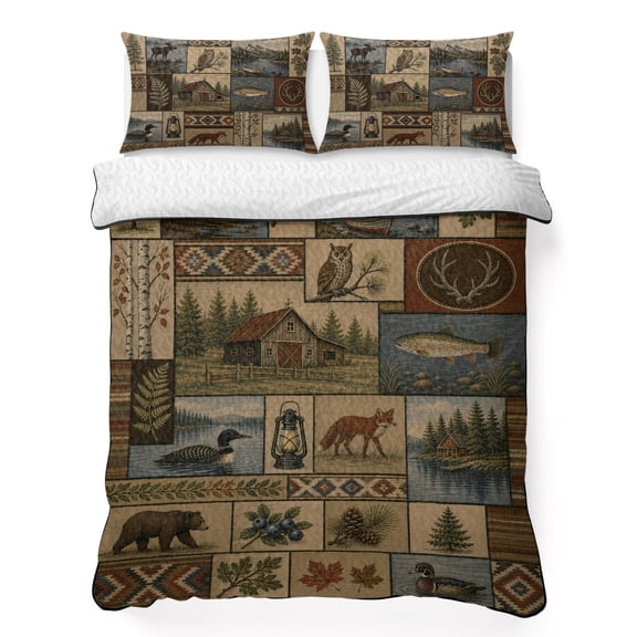 Rustic Wildlife 3 Piece Quilt Bedding Set with 2 Pillow Shams, Lodge Cabin Mountain Tree Lake Patchwork Brown Lightweight Bedspread Coverlet, Soft Breathable All Season Quilt, 96 x 106 Inch