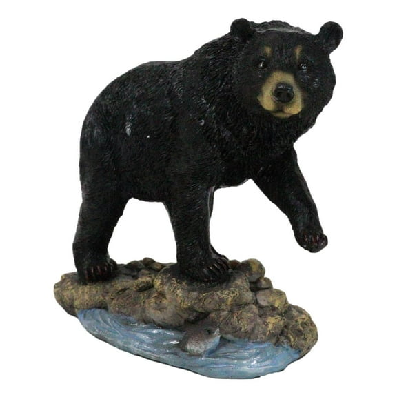 Rustic Wildlife Forest Black Bear Fishing By Rocky River Bank Figurine Decor