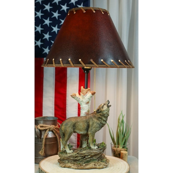 Rustic Wildlife Grey Wolf Howling By Birchwood Tree Table Lamp With Laced Shade