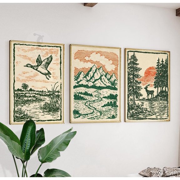 Rustic Wildlife Landscape Poster Set Nature Wall Art Prints Deer Duck Mountain Decor Trio Set 3