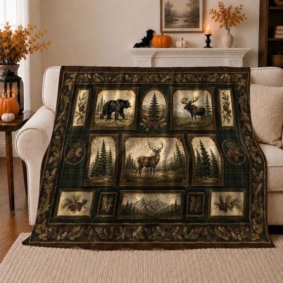 Rustic Wildlife Patchwork Scene, Calm Cabin Nature Illustration Style for Cabin Lovers, Bear Moose Mountain Theme and Housewarming Gift, Cozy Flannel Blanket for Living Room Cabin, Home Decor
