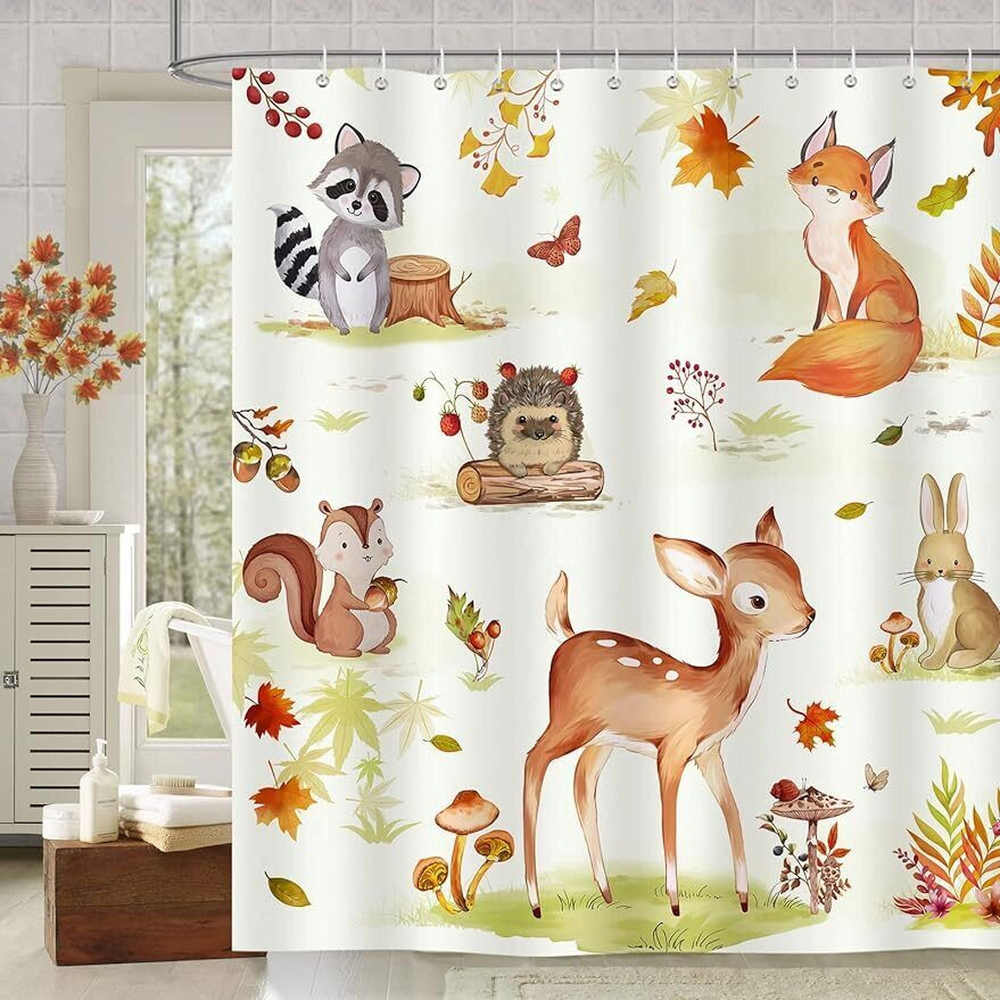 Rustic Wildlife Shower Curtain Autumn Deer, Fox & Leaf Design for