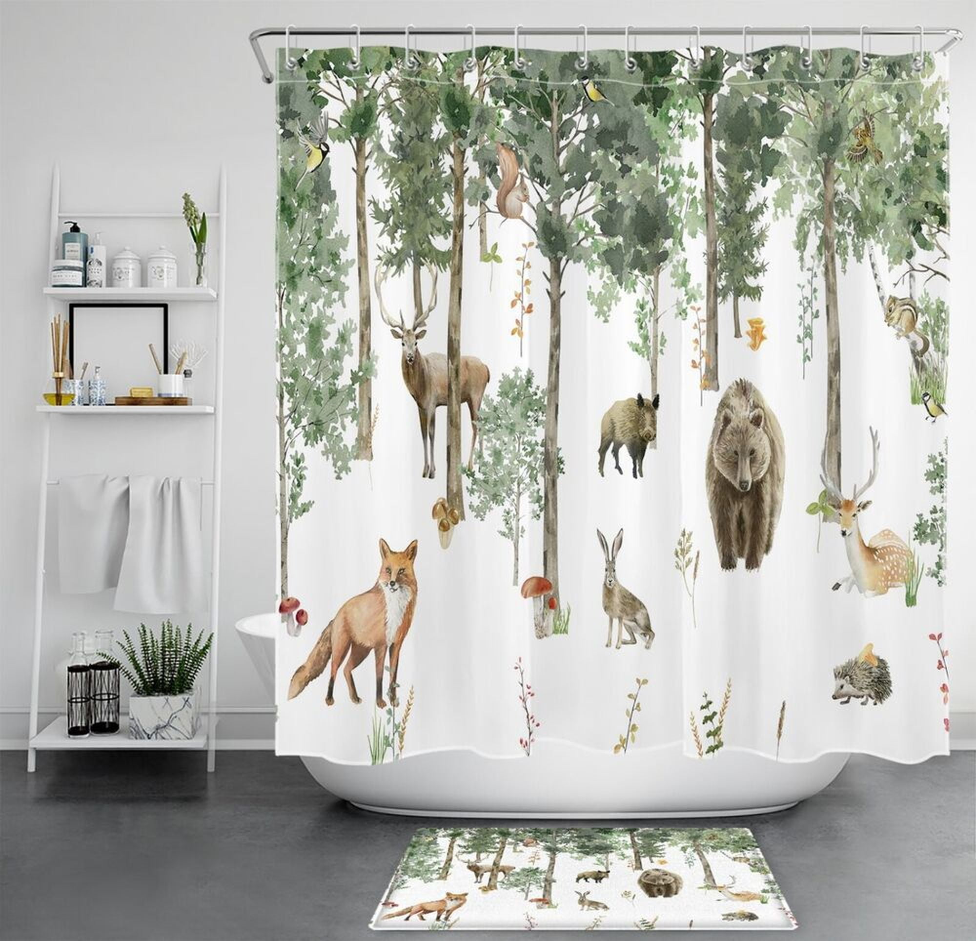 Rustic Wildlife Shower Curtain Set with Bear, Deer, and Fox Forest