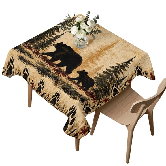 Rustic Wildlife Table Cloth, Waterproof Tablecloth for Square Tables, Vintage Forest Bear Paw Trees Brown Washable Fabric Table Cover for Restaurant Kitchen Dining Tables 54"x54"