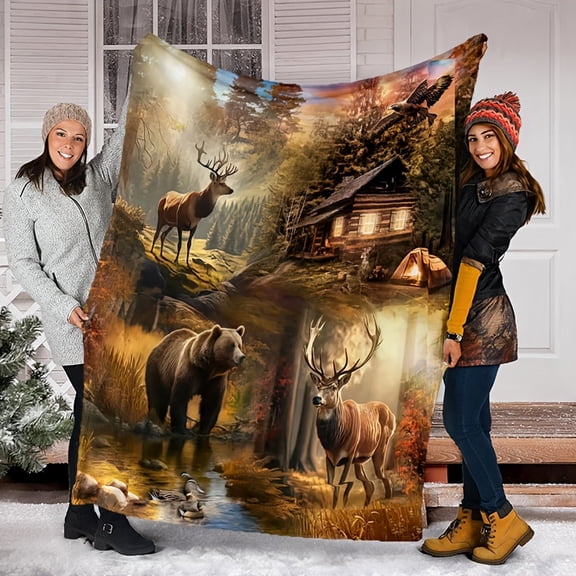 Rustic Wildlife Throw Blanket - Deer Bear Forest Cabin Design, 100% Polyester Cozy Sofa Blanket for Indoor Outdoor Travel, All Seasons Large Blanket Over 2.16M², Christmas Gift