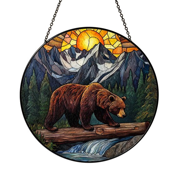Rustic Wildlife Window Decor – Grizzly Bear Stained Glass Style
