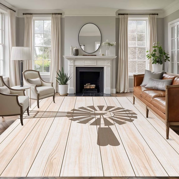 Rustic Windmill Area Rugs 5'x7', Washable Small Throw Rugs for Laundry Room Playroom, Vintage Country Farmhouse Wooden Grain Indoor Outdoor Rug Non-Slip Low Pile Carpet Runner Reversible Floor Mats