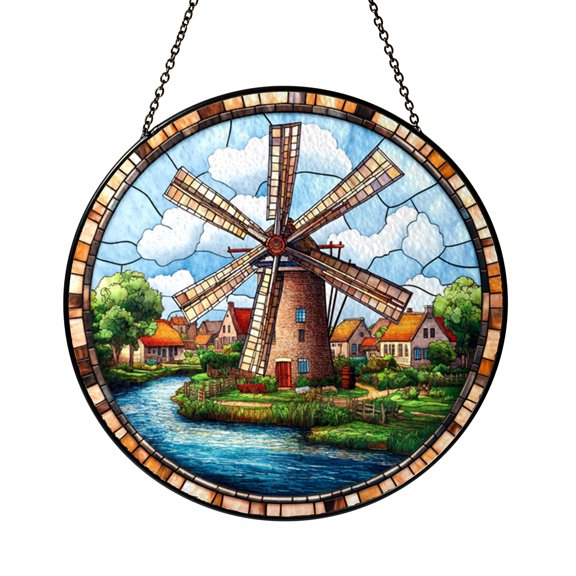 Rustic Windmill Artwork Glass Suncatcher Round Window Hanging, Traditional Farm Decor Gift for Living Space