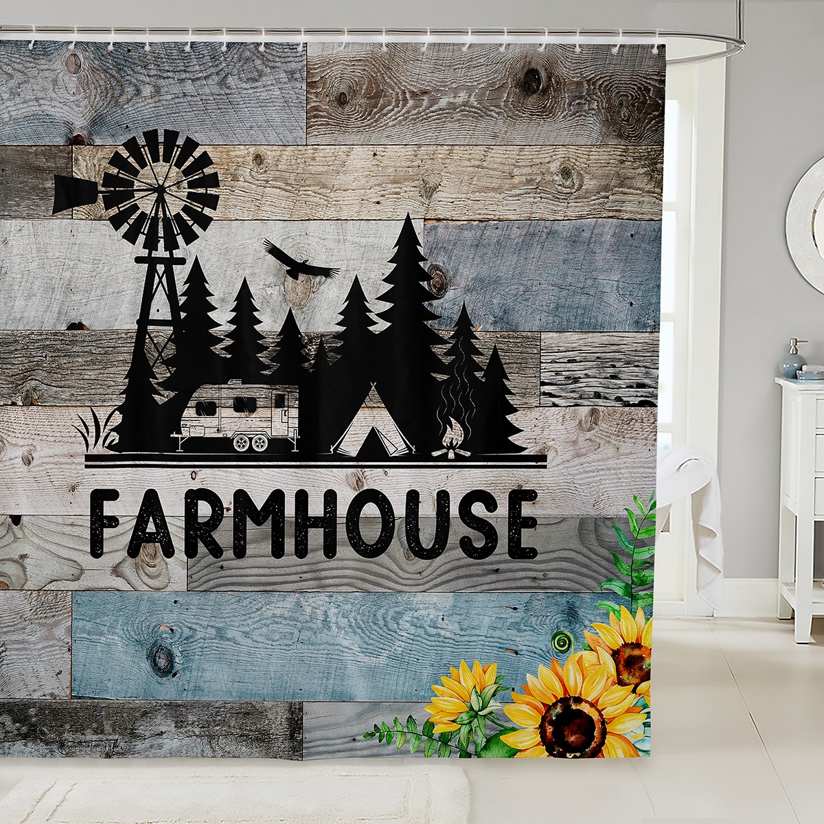 Rustic Windmill Bath Curtain Teal Grey Shower Curtain, Old Barn Door Stripe Bathroom Curtain